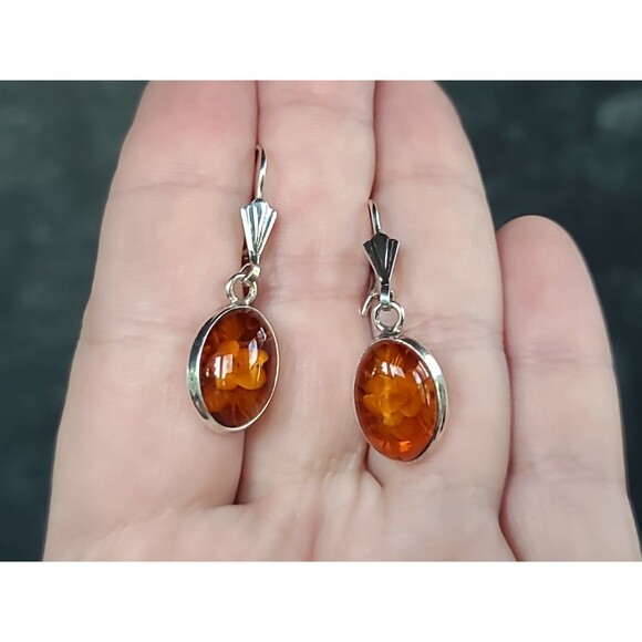 925 Sterling Silver Floral Resin Dangling Pierced Earrings Vintage - Picture 2 of 10